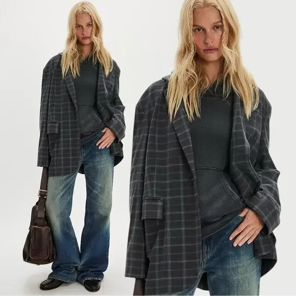 Free People Oversized Layering Menswear Reggie Blazer Blue Plaid Medium Preppy